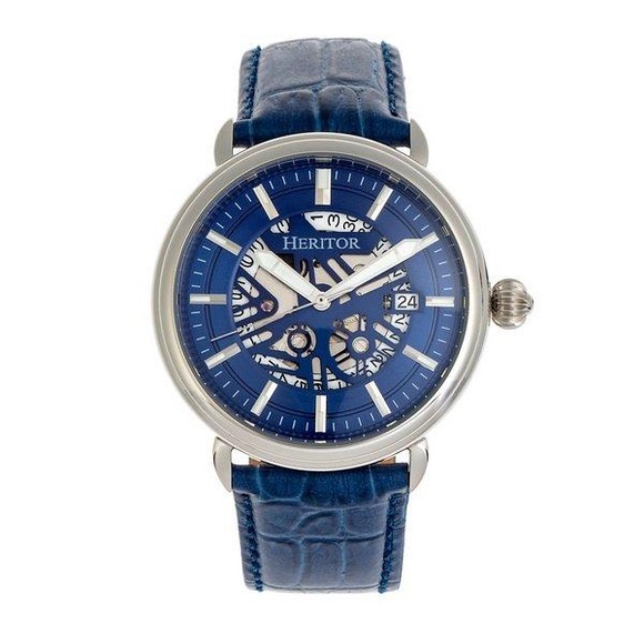 Heritor - Automatik-Lederarmbanduhr Mattias - Silber und Blau