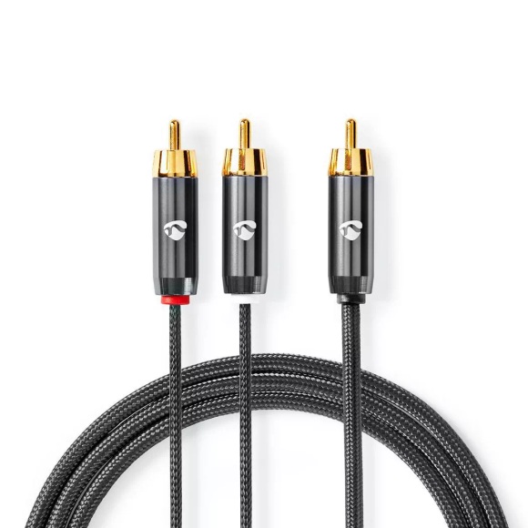 Subwoofer-Kabel | Cinch-Stecker | 2x Cinch-Stecker | Vergoldet | 3,00 m | Rund | 4,5 mm | Grau / Grau mit Metall | Karton mit Sichtfenster
