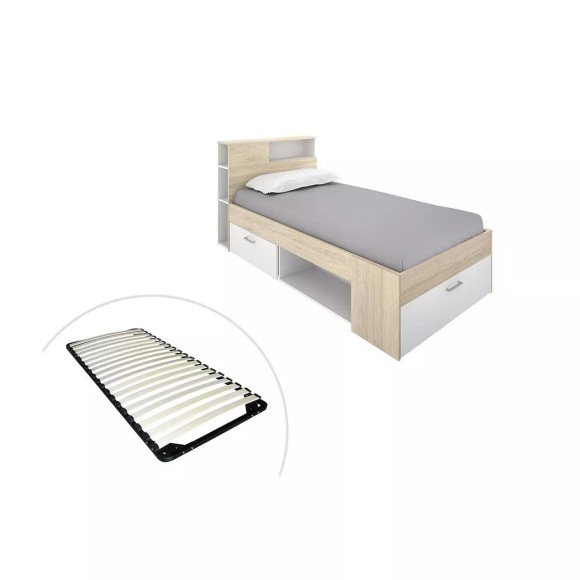 Bett mit Kopfteil, Stauraum & Schublade - 90 x 190 cm + Lattenrost - Weiß und Holzfarben - LEANDRE Bett mit Kopfteil, Stauraum & Schublade - 90 x 190 cm + Lattenrost - Weiß und Holzfarben - LEANDRE
