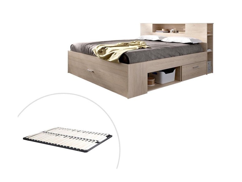 Bett mit Stauraum & Schubladen + Lattenrost - 160 x 200 cm - Naturfarben - LEANDRE Bett mit Stauraum & Schubladen + Lattenrost - 160 x 200 cm - Naturfarben - LEANDRE