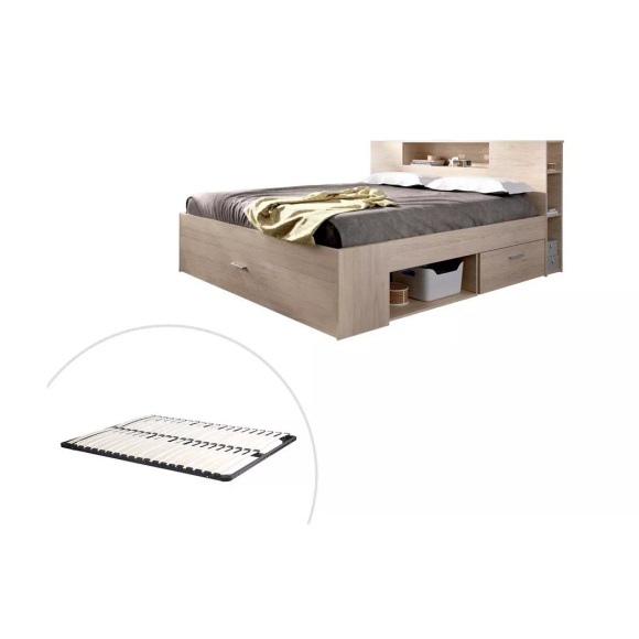 Bett mit Stauraum & Schubladen + Lattenrost - 160 x 200 cm - Naturfarben - LEANDRE Bett mit Stauraum & Schubladen + Lattenrost - 160 x 200 cm - Naturfarben - LEANDRE
