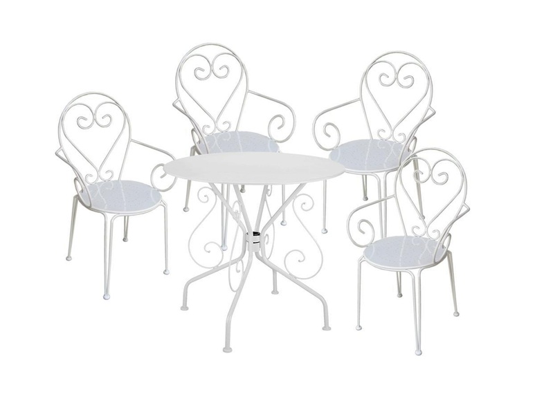 Garten-Essgruppe: Tisch + 4 stapelbare Sessel - Metall in Eisenoptik - Weiß - GUERMANTES von MYLIA Garten-Essgruppe: Tisch + 4 stapelbare Sessel - Metall in Eisenoptik - Weiß - GUERMANTES von MYLIA