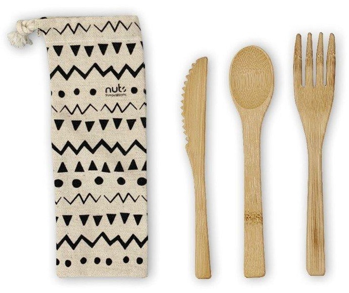 3er Set Bambus Besteckset in Leinenbeutel Ethno 16cm