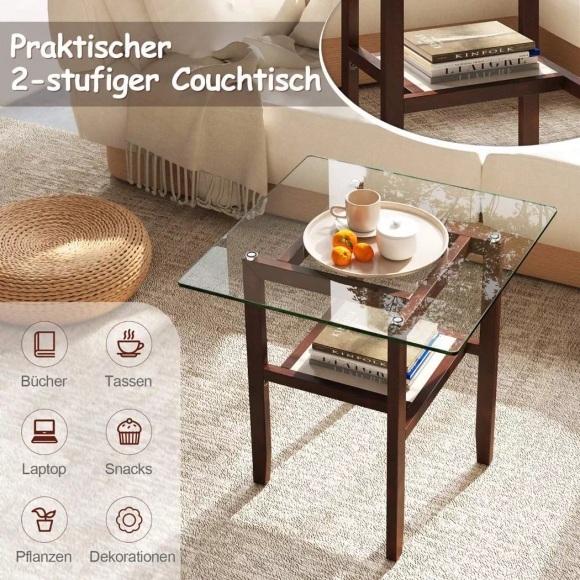 Northix - 61 cm langer und breiter Beistelltisch aus Glas 2-stöckiger Glastisch mit Ablagefläche Braun, 61X61CM