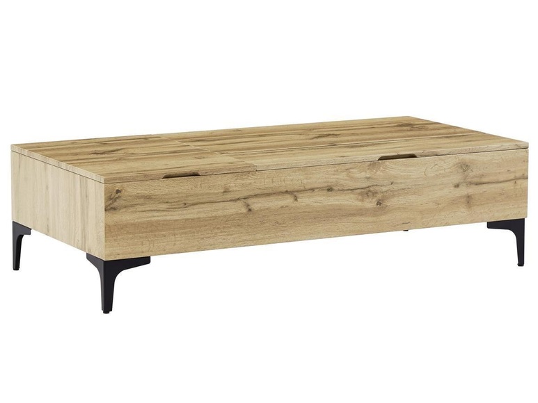 Couchtisch mit 2 höhenverstellbaren Tischplatten & 1 Tür - MDF & Stahl - Naturfarben & Schwarz - KAYLINO Couchtisch mit 2 höhenverstellbaren Tischplatten & 1 Tür - MDF & Stahl - Naturfarben & Schwarz - KAYLINO
