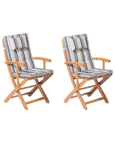 Beliani Gartenstuhl Akazienholz hellbraun 2er Set Auflagen dunkelblau / beige MAUI