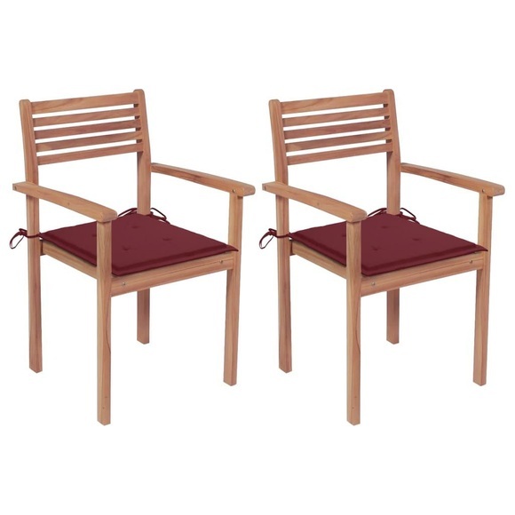vidaXL Gartenstühle 2 Stk. mit Weinroten Kissen Massivholz Teak