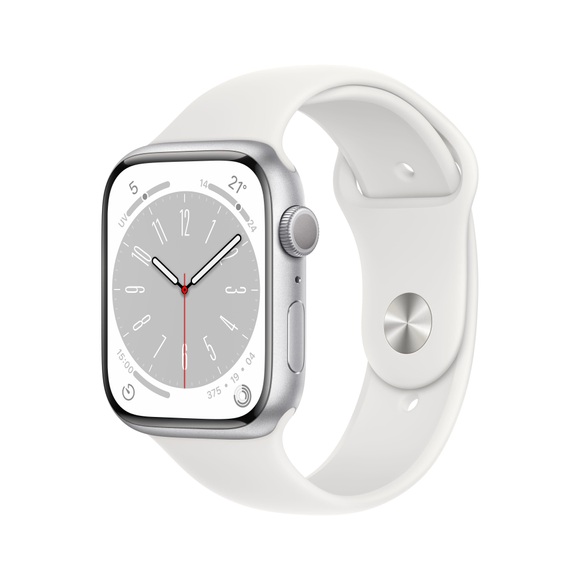 APPLE Watch Series 8 (GPS) 45 mm - Smartwatch (Regular 140 - 220 mm, Fluorelastomer, Silver Aluminum/White)