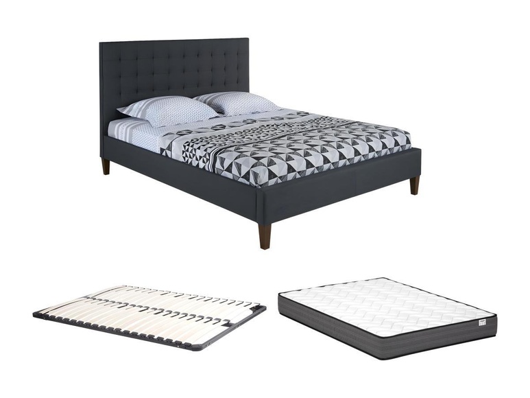 Bett 160 x 200 cm mit gestepptem Kopfteil - Stoff - Anthrazit + Lattenrost + Matratze - CHIARA Bett 160 x 200 cm mit gestepptem Kopfteil - Stoff - Anthrazit + Lattenrost + Matratze - CHIARA