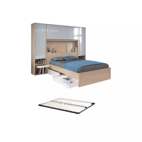 Bett mit Stauraum 140 x 190 cm mit LED-Beleuchtung + Lattenrost - Holzfarben & glänzend - VELONA Bett mit Stauraum 140 x 190 cm mit LED-Beleuchtung + Lattenrost - Holzfarben & glänzend - VELONA