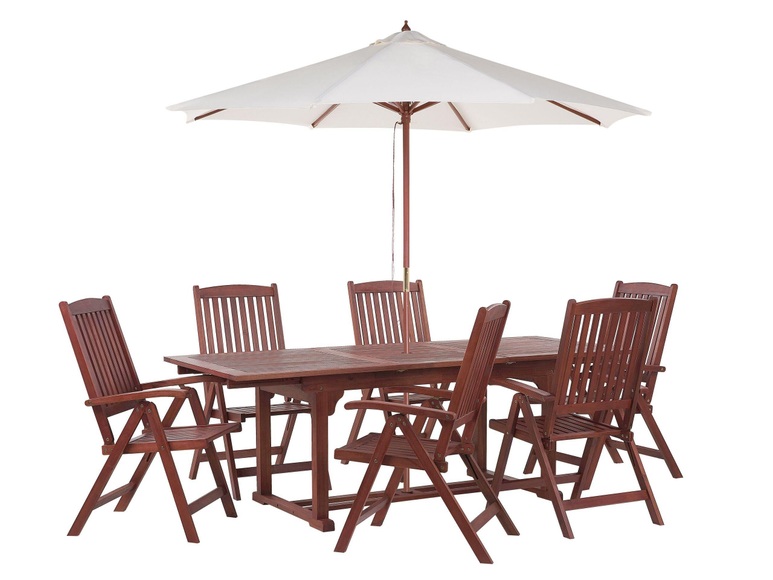 Gartentisch Set mit Schirm aus Akazienholz Klassisch TOSCANA Gartentisch Set mit Schirm aus Akazienholz Klassisch TOSCANA