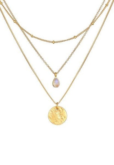 Halskette Layer Mondstein Plättchen Kugelkette Unisex Gold 40cm