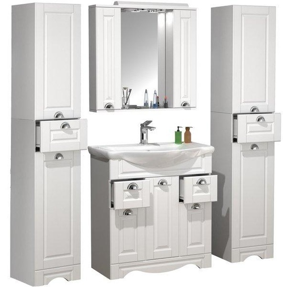 5-tlg. Waschplatz Waschtisch Breite 75 cm Badmöbel Set Waschbecken Spiegelschrank Hochschrank Landhaus Schublade Casalo XL 5-tlg. Waschplatz Waschtisch Breite 75 cm Badmöbel Set Waschbecken Spiegelschrank Hochschrank Landhaus Schublade Casalo XL