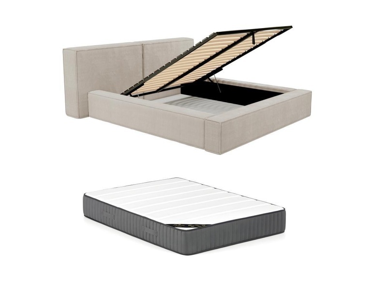 Bett mit Bettkasten + Matratze - 160 x 200 cm - Cord - Beige - TIMANO Bett mit Bettkasten + Matratze - 160 x 200 cm - Cord - Beige - TIMANO
