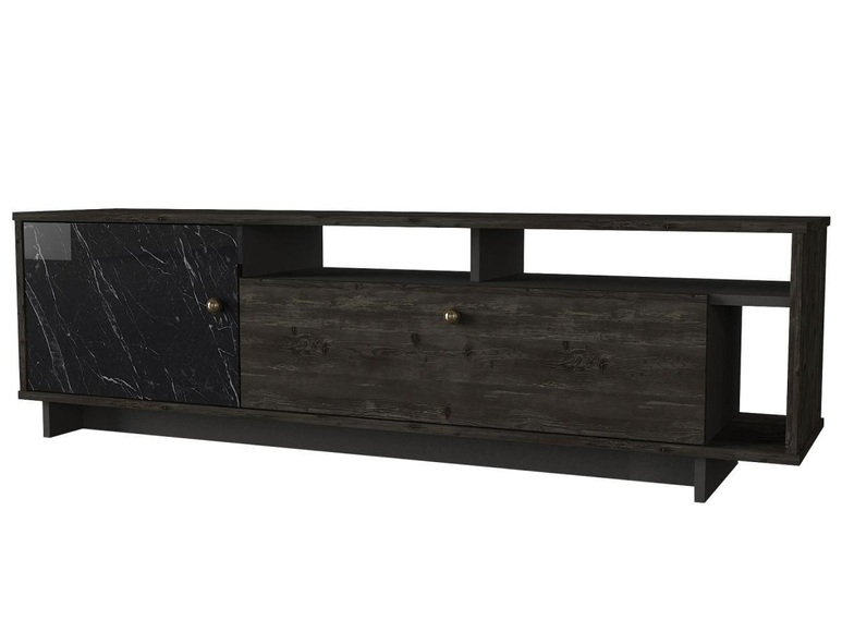 TV-Möbel mit 2 Türen & 3 Ablagefächer - Schwarze Marmor-Optik & dunkles Holz - ETALA TV-Möbel mit 2 Türen & 3 Ablagefächer - Schwarze Marmor-Optik & dunkles Holz - ETALA
