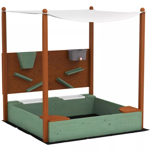 Northio - Sandkasten mit Dach, 116 x 112,5 cm Sandkiste aus Holz Sandbox Sitzfläche, 2 Behältern, Sand- und Wasserspielzeug, Eimer Wasserhahn für 3-6 Jahre Kinder Grün Aosom, 160