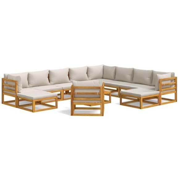 vidaXL 12-tlg. Garten-Lounge-Set mit Hellgrauen Kissen Massivholz