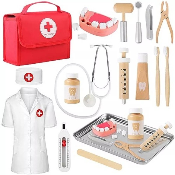 Arztkoffer Kinder Arztkoffer Kinder Aus Holz Mit Echtem Stethoskop, Arztkittel Und Arzttasche Unisex Rot ONE SIZE