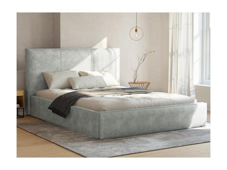 Bett mit Bettkasten - 160 x 200 cm - Stoff in Lederoptik - Hellgrau - KENZIALI Bett mit Bettkasten - 160 x 200 cm - Stoff in Lederoptik - Hellgrau - KENZIALI