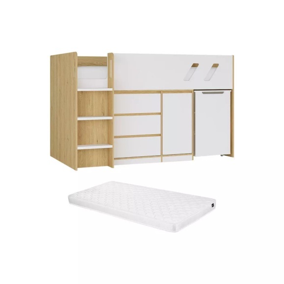Kombi-bett 90 X 190 Cm - Mit Schreibtisch & Stauraum - Holzfarben & Weiß + Matratze - Sagiti Unisex Beige 90X190CM