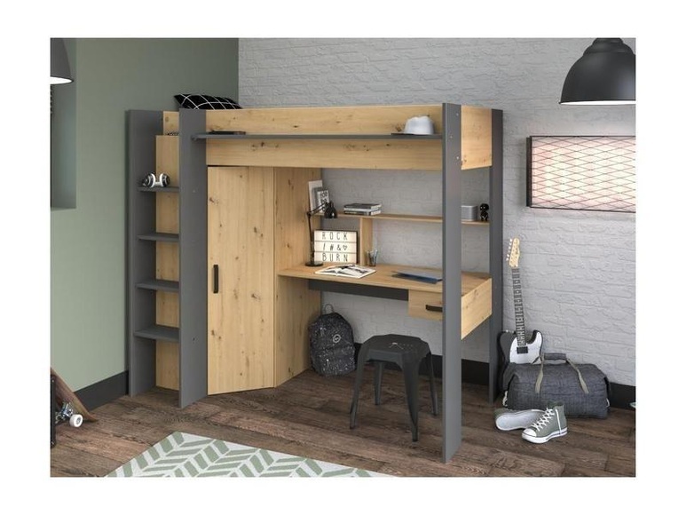 Hochbett mit Schreibtisch + Kleiderschrank Naturfarben AUCKLAND Hochbett mit Schreibtisch + Kleiderschrank Naturfarben AUCKLAND