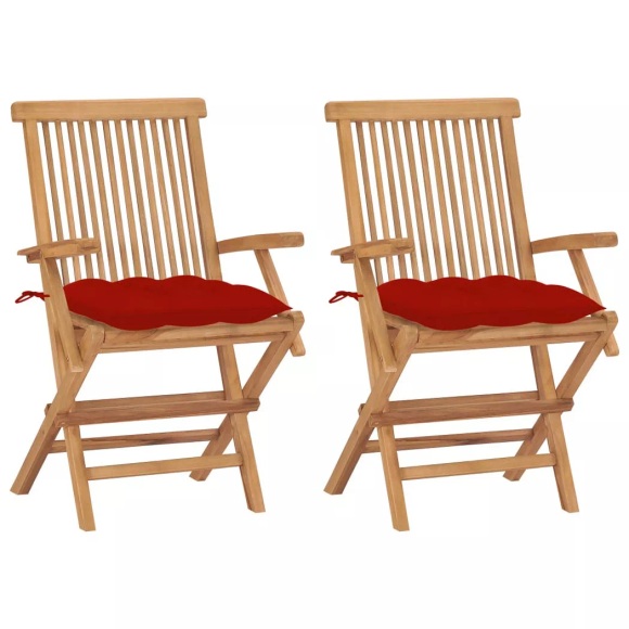 vidaXL Gartenstühle mit Roten Kissen 2 Stk. Massivholz Teak