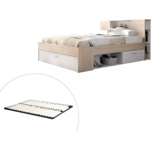 Bett mit Stauraum & Schubladen + Lattenrost + Matratze - 160 x 200 cm - Weiß & Naturfarben - LEANDRE Bett mit Stauraum & Schubladen + Lattenrost + Matratze - 160 x 200 cm - Weiß & Naturfarben - LEANDRE