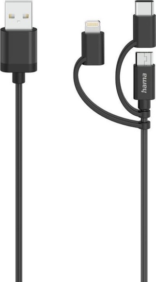 Hama Micro-USB-Kabel; 3in1; inkl. Adapter auf Usb-C & Lightning; USB 2.0; 0;75 m