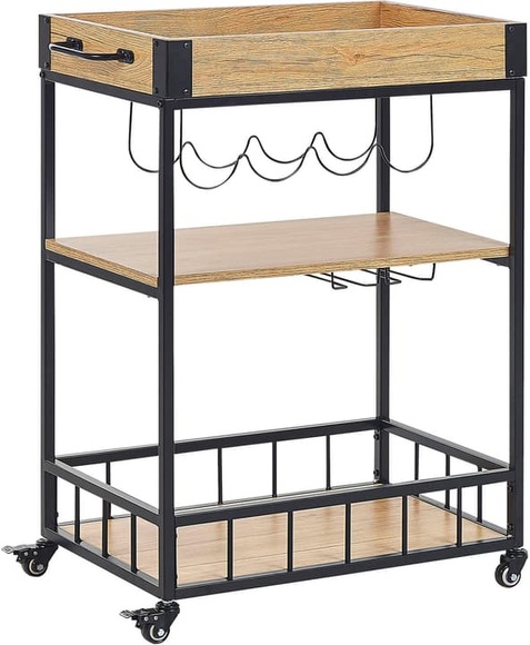 Beliani Servierwagen Metall heller Holzfarbton / schwarz mit Weinregal 3 Etagen HULLET
