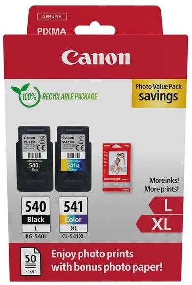 Canon PG-540L/CL-541XL Photo Value Pack - Glänzend - 2er-Pack - Hohe Ergiebigkeit - Schwarz, Farbe (Cyan, Magenta, Gelb) - original