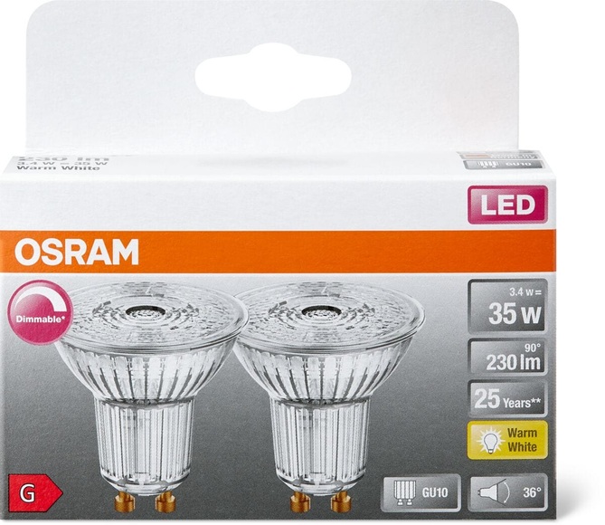 Osram Superstar LED GU10 Spot Clear 3.4W 230lm - 927 Extra Warm White | Dimmable - Best Colour Rendering - set of 2