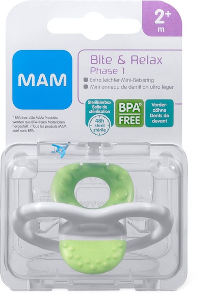 MAM Baby Beissring Bite & Relax Phase 1, hilft beim Zahnen,weniger Schmerzen beim Zahnen, BPA freier Beissring, rosa, blau, grün, ab Geburt, Beissring