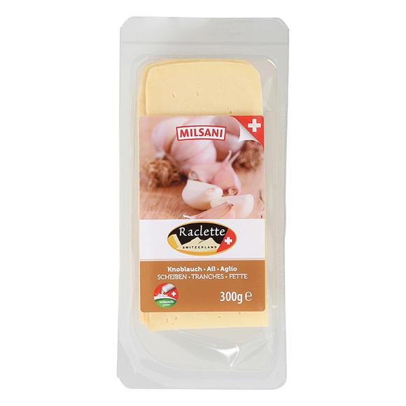 Raclette Käse in Scheiben, Knoblauch