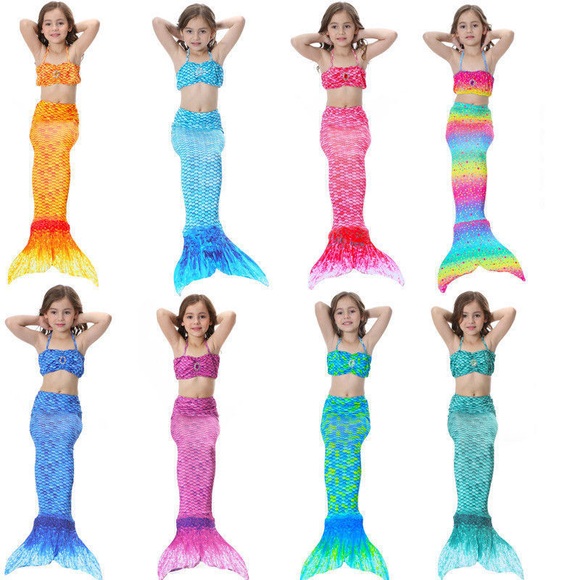 New Swimmable Mermaid Tails + Bikini sets 3pcs kids Girls cos mono fin swimsuit