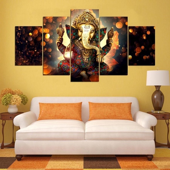 5 Panels The Hindu God Ganesh Canvas Prints Painting Wall Art Picture Home Decor