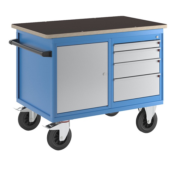 EUROKRAFT Premium-Montagewagen 1 Schrank, 1 Schubladenschrank, bicolor Korpus lichtblau, Fronten weißaluminium, MDF-Arbeitsplatte