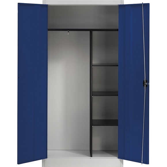 mauser Stahlschrank mit Flügeltüren 3 Fachböden kurz und Garderobe lichtgrau / ultramarinblau