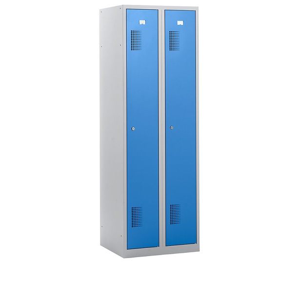 QUIPO Garderobenschrank Breite 600 mm, 2 Abteile à 298 mm, mit Zylinderschloss Korpus lichtgrau, Türen lichtblau