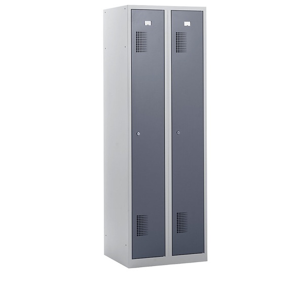 QUIPO Garderobenschrank Breite 600 mm, 2 Abteile à 298 mm, mit Zylinderschloss Korpus lichtgrau, Türen basaltgrau