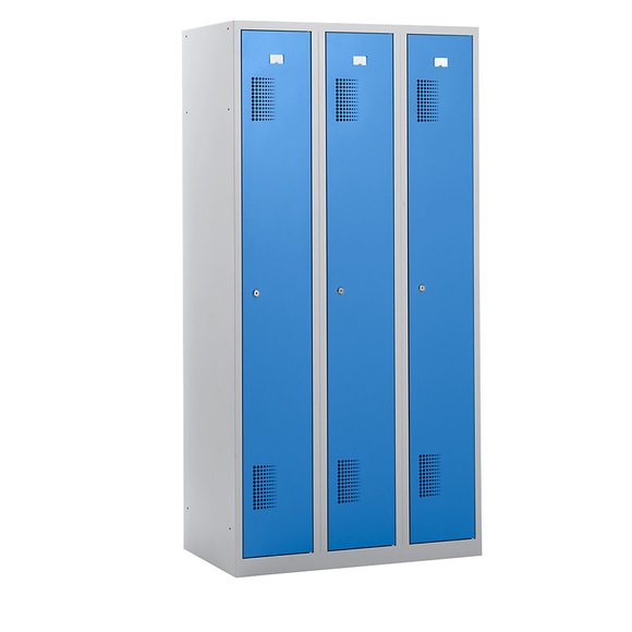 QUIPO Garderobenschrank Breite 900 mm, 3 Abteile à 298 mm, mit Zylinderschloss Korpus lichtgrau, Türen lichtblau