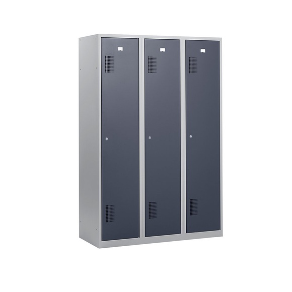 QUIPO Garderobenschrank Breite 1200 mm, 3 Abteile à 398 mm, mit Zylinderschloss Korpus lichtgrau, Türen basaltgrau