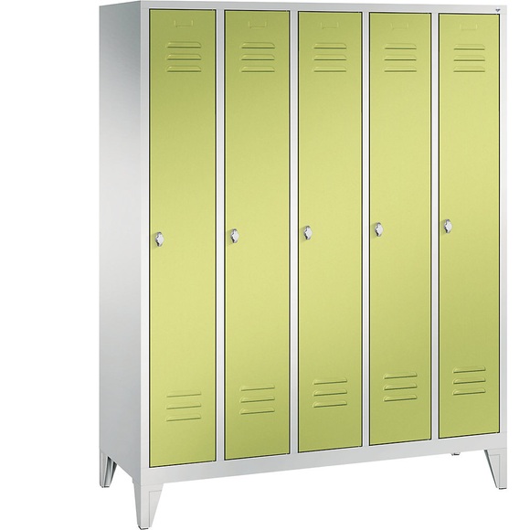 CP CLASSIC Garderobenschrank mit Füßen 5 Abteile, Abteilbreite 300 mm lichtgrau / viridingrün
