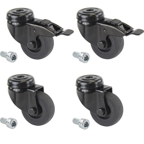 Proroll Gummireifen schwarz, thermoplastisch, mit Rückenloch mit Befestigungsschraube, Set-Angebot 4 Lenkrollen, davon 2 mit Doppelstopp Rad-Ø x Breite 50 x