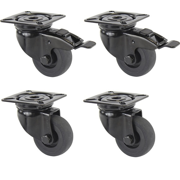 Proroll Gummireifen schwarz, thermoplastisch, mit Montageplatte, Set-Angebot 2 Lenkrollen mit Doppelstopp und 2 Lenkrollen Rad-Ø x Breite 50 x 19 mm