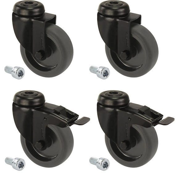 Proroll Gummireifen schwarz, thermoplastisch, mit Rückenloch mit Befestigungsschraube, Set-Angebot 4 Lenkrollen, davon 2 mit Doppelstopp Rad-Ø x Breite 75 x
