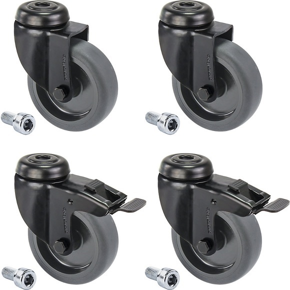 Proroll Gummireifen schwarz, thermoplastisch, mit Rückenloch mit Befestigungsschraube, Set-Angebot 4 Lenkrollen, davon 2 mit Doppelstopp Rad-Ø x Breite 100 x