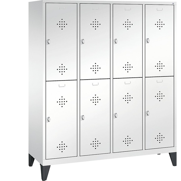 CP CLASSIC Garderobenschrank mit Füßen, doppelstöckig 4 Abteile, je 2 Fächer, Abteilbreite 400 mm verkehrsweiß