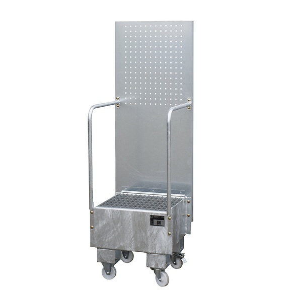 Fahrbare Auffangwanne mit Lochplattenwand 1 x 60-l-Fass stehend, LxBxH 570 x 590 x 1775 mm feuerverzinkt