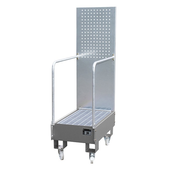 Fahrbare Auffangwanne mit Lochplattenwand 2 x 60-l-Fass stehend hintereinander, LxBxH 875 x 500 x 1685 mm mausgrau
