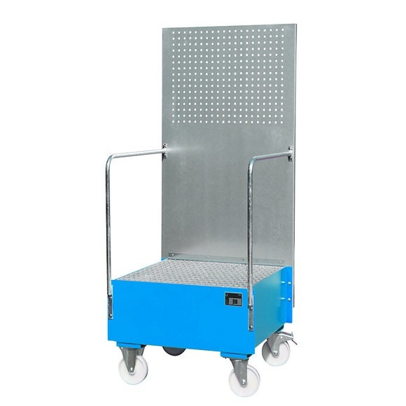 Fahrbare Auffangwanne mit Lochplattenwand 1 x 200-l-Fass stehend, LxBxH 870 x 890 x 2110 mm lichtblau